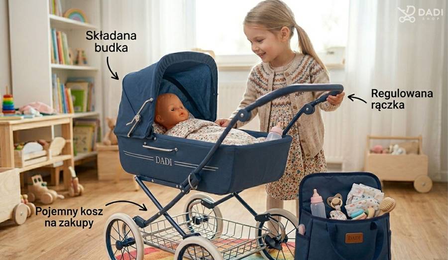 Infografika przedstawiająca funkcjonalności głębokiego wózka dla lalek: regulowana rączka, składana budka oraz pojemny kosz na zakupy.